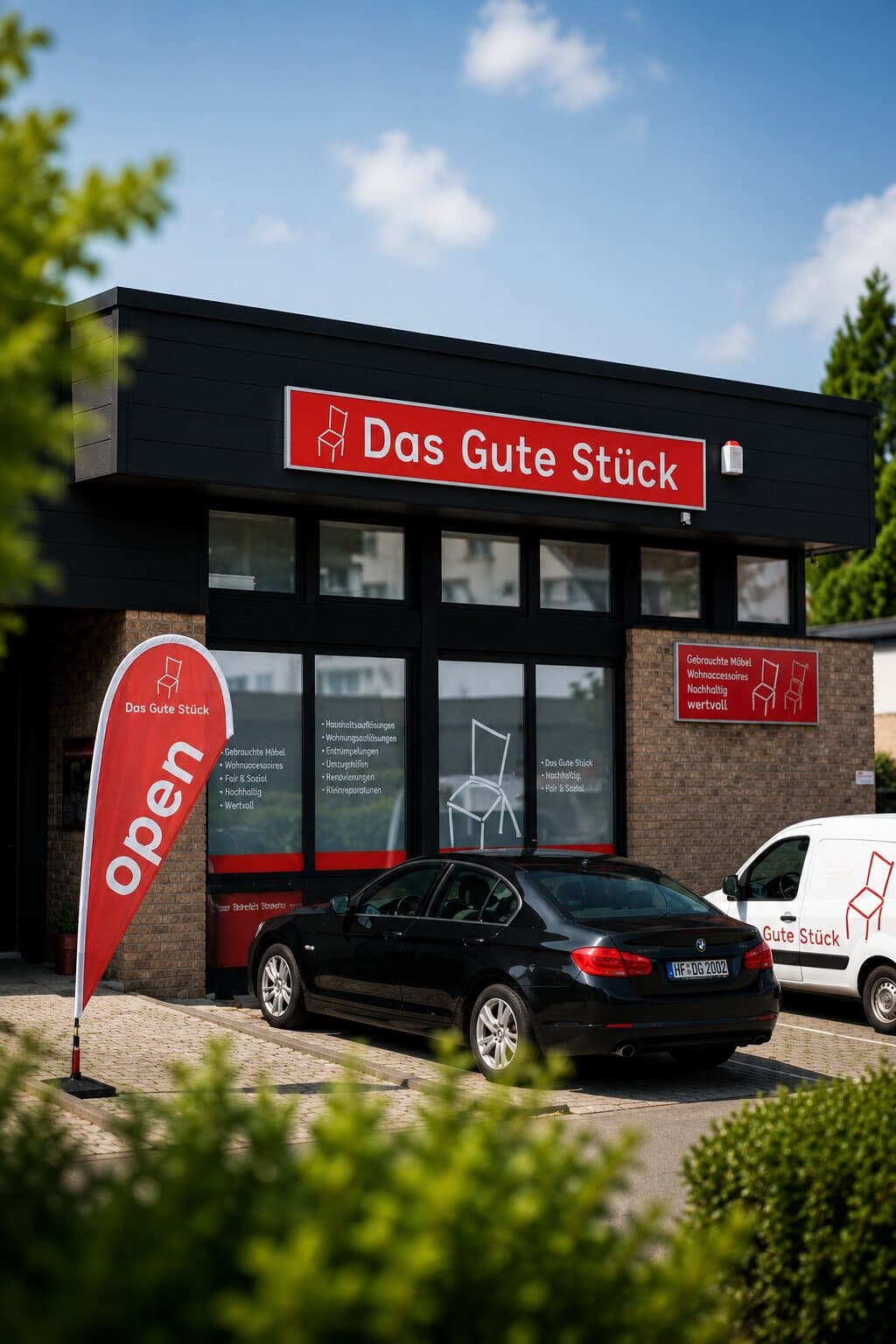 Ladenlokal von Das Gute Stück in Herford mit Firmenfahrzeug und Open-Fahne